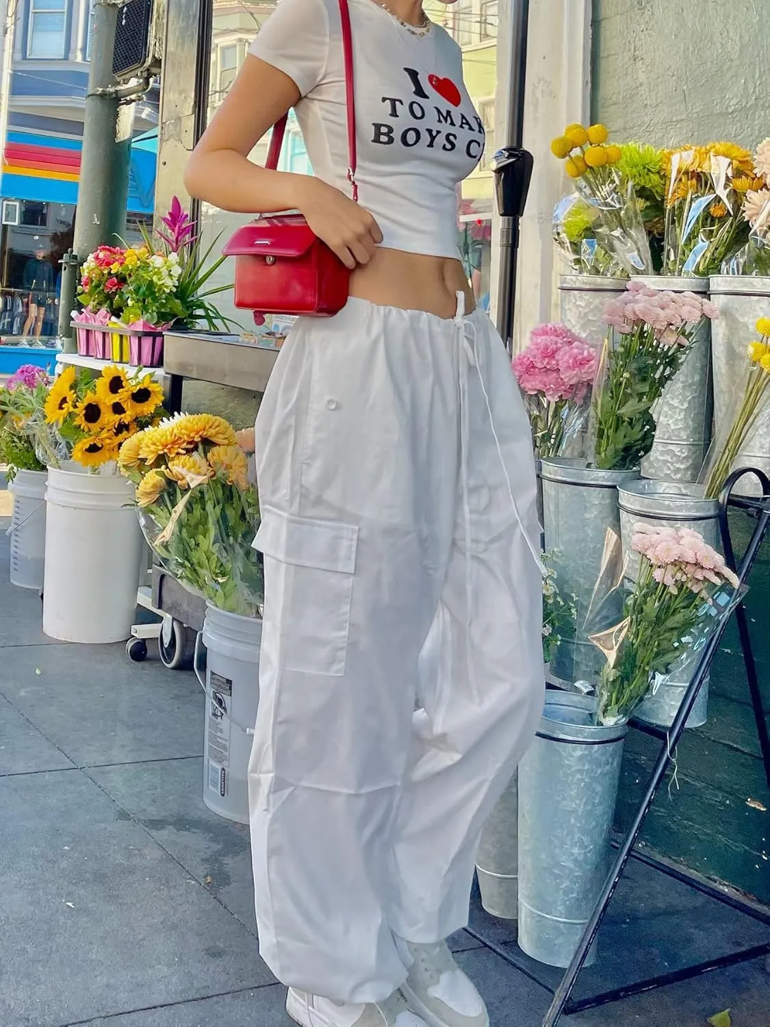 LQI Parachute Pants for Women Y2K Baggy Cargo Pants Drawstring Trousers Low Rise Loose Jogger Sweatpants