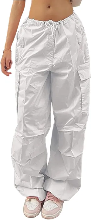 LQI Parachute Pants for Women Y2K Baggy Cargo Pants Drawstring Trousers Low Rise Loose Jogger Sweatpants