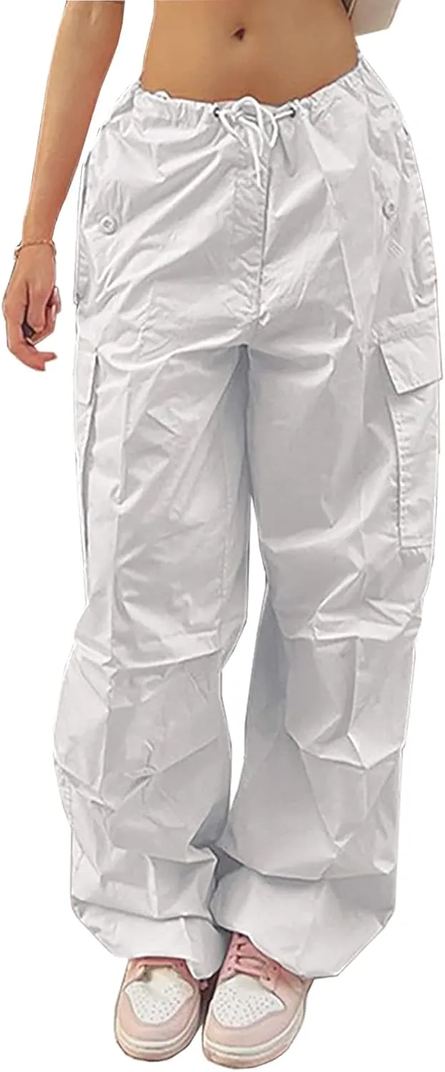 LQI Parachute Pants for Women Y2K Baggy Cargo Pants Drawstring Trousers Low Rise Loose Jogger Sweatpants