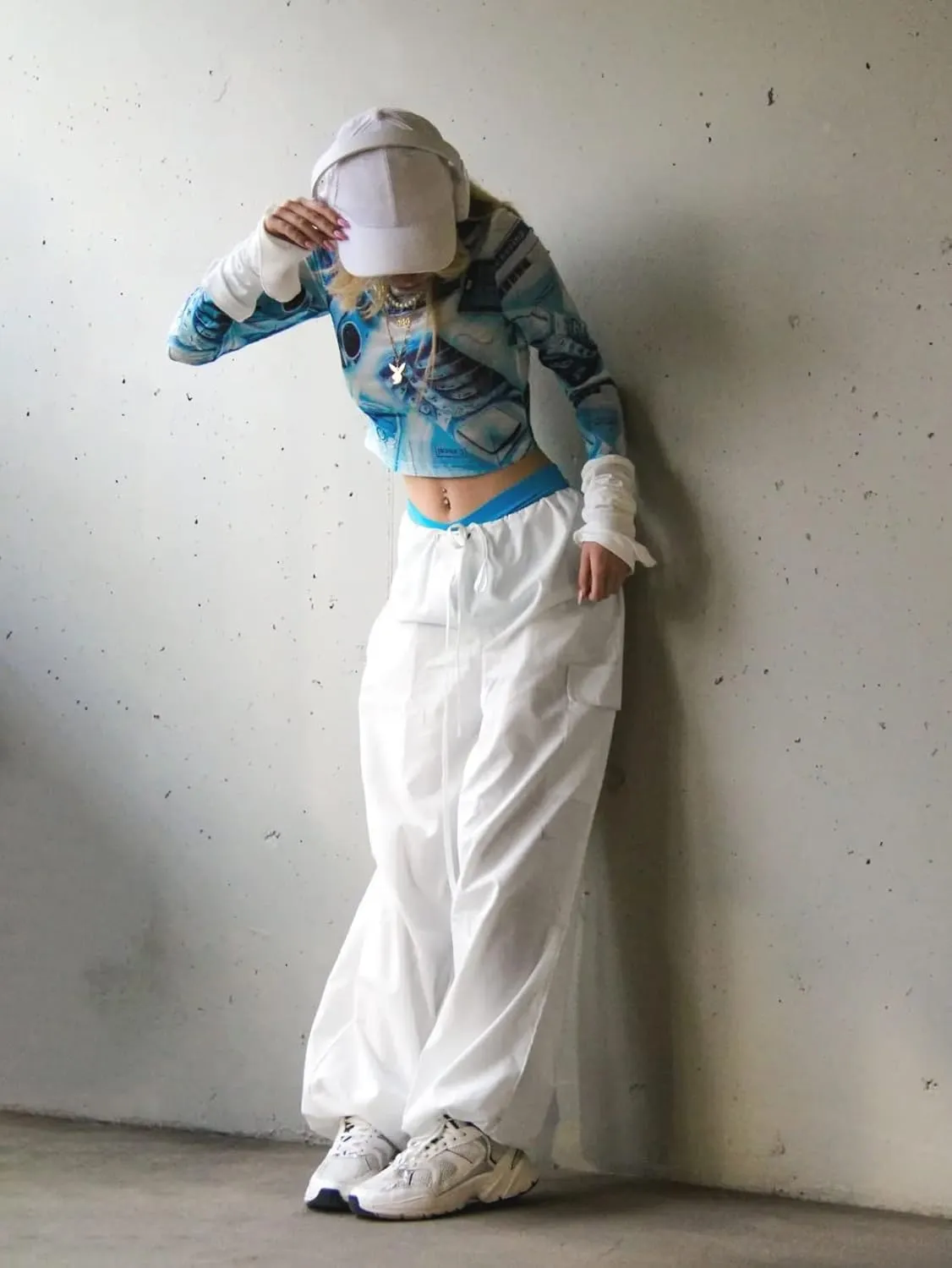 LQI Parachute Pants for Women Y2K Baggy Cargo Pants Drawstring Trousers Low Rise Loose Jogger Sweatpants