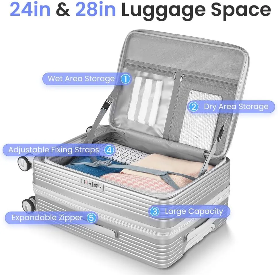 Luggage Sets 3 Piece(20/24/28), Expandable Carry On Luggage with TSA Lock Airline Approved, 100% PC Hard Shell and Lightweight Suitcase with Front Pocket and Spinner Wheels (Silver   PC-2)