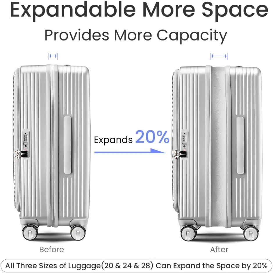 Luggage Sets 3 Piece(20/24/28), Expandable Carry On Luggage with TSA Lock Airline Approved, 100% PC Hard Shell and Lightweight Suitcase with Front Pocket and Spinner Wheels (Silver   PC-2)