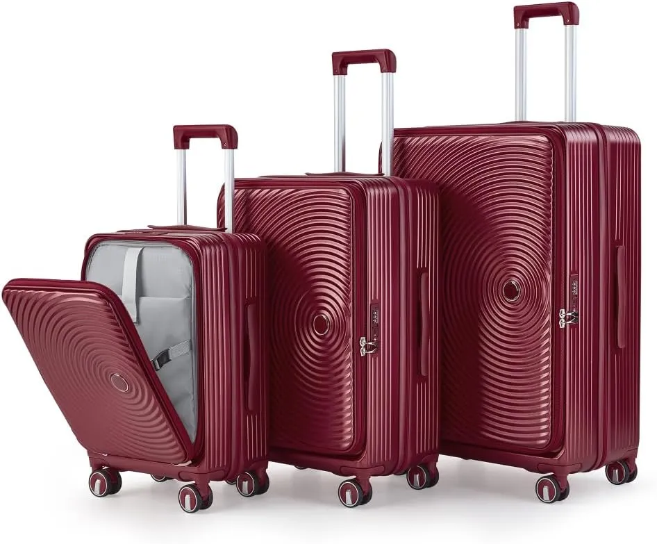 Luggage Sets 3 Piece(20/24/28), Expandable Carry On Luggage with TSA Lock Airline Approved, 100% PC Hard Shell and Lightweight Suitcase with Front Pocket and Spinner Wheels (WINE RED   PC-1)