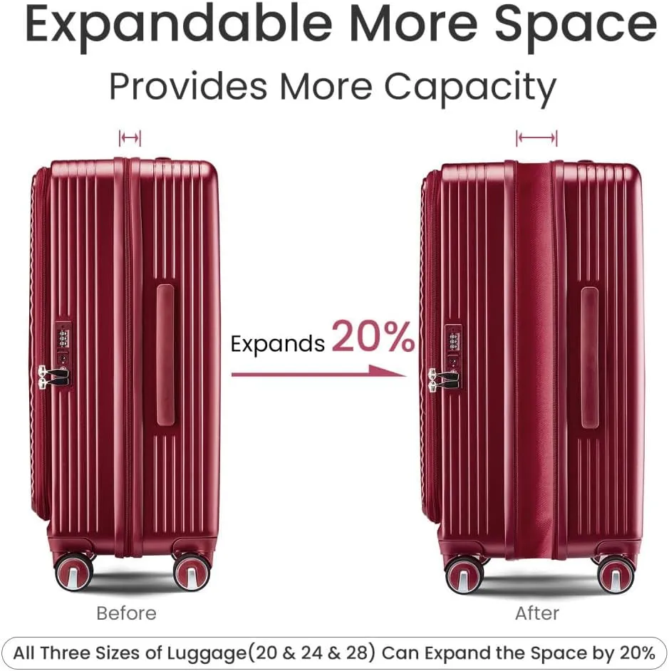 Luggage Sets 3 Piece(20/24/28), Expandable Carry On Luggage with TSA Lock Airline Approved, 100% PC Hard Shell and Lightweight Suitcase with Front Pocket and Spinner Wheels (WINE RED   PC-1)