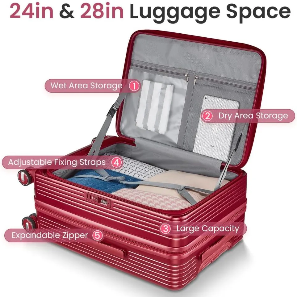 Luggage Sets 3 Piece(20/24/28), Expandable Carry On Luggage with TSA Lock Airline Approved, 100% PC Hard Shell and Lightweight Suitcase with Front Pocket and Spinner Wheels (WINE RED   PC-1)