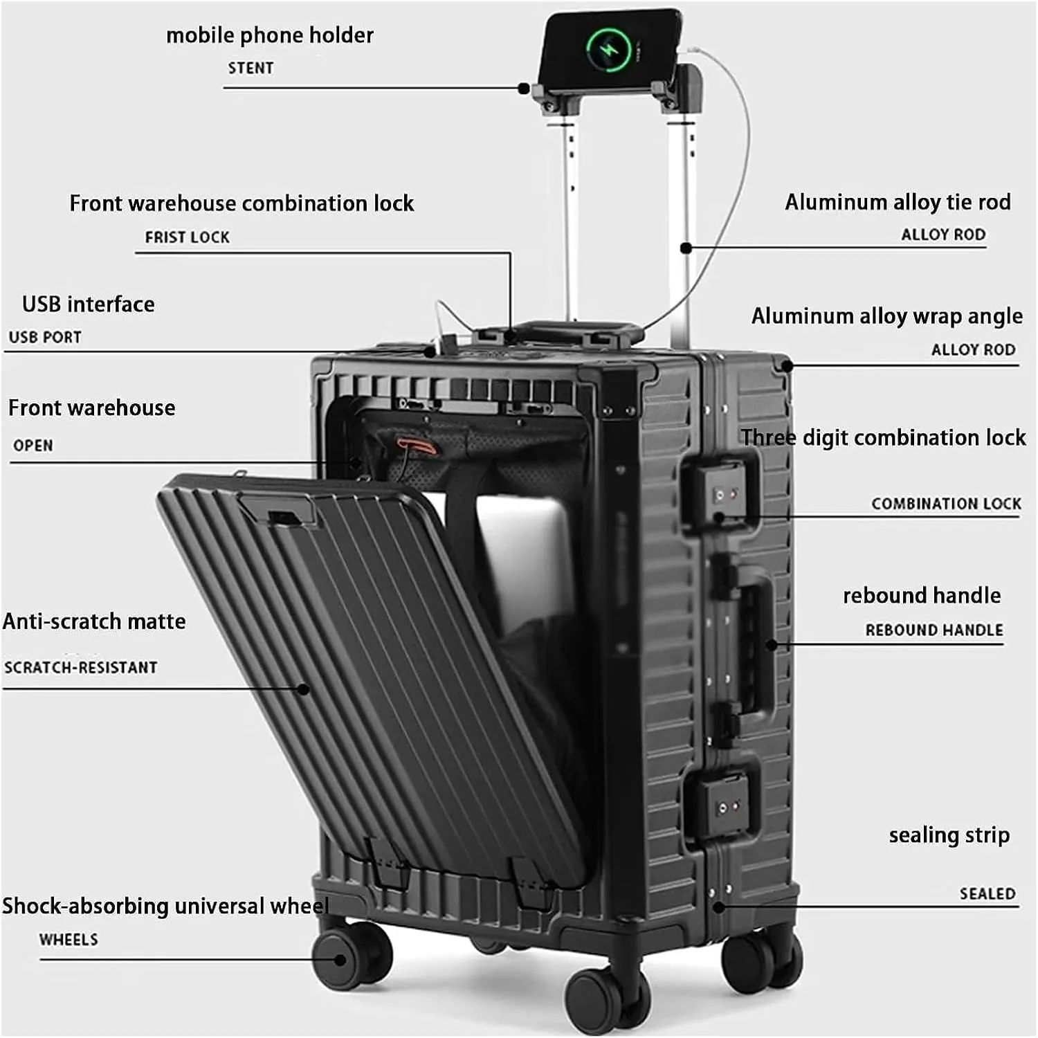 Luggage Suitcases With Wheels Large Capacity Carry On Luggage With Usb Charging Port Tsa Customs Lock Light Suitcase Travel(Color:Gris,Size:24 in)