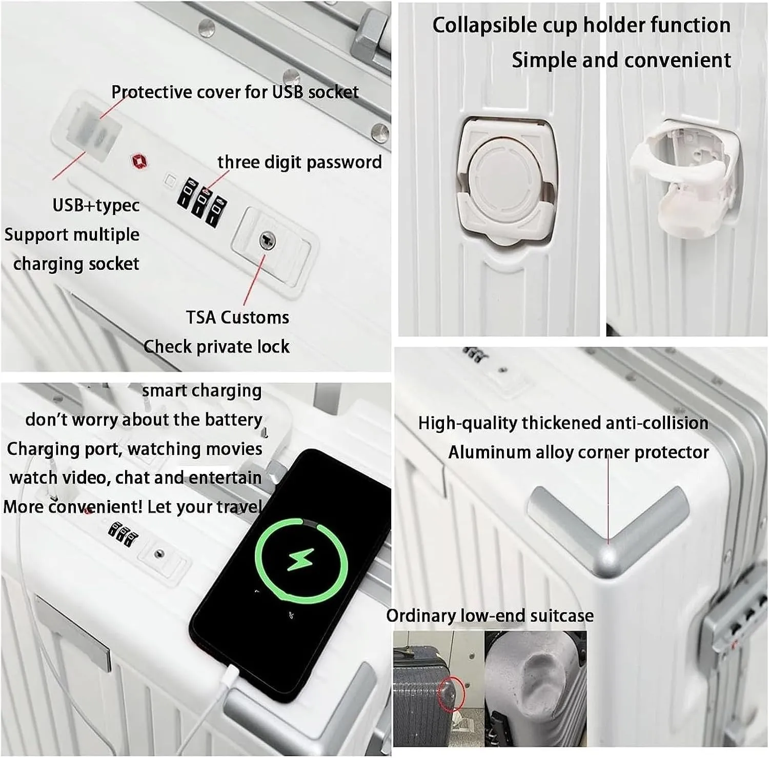 Luggage Suitcases With Wheels Large Capacity Carry On Luggage With Usb Charging Port Tsa Customs Lock Light Suitcase Travel(Color:Gris,Size:24 in)