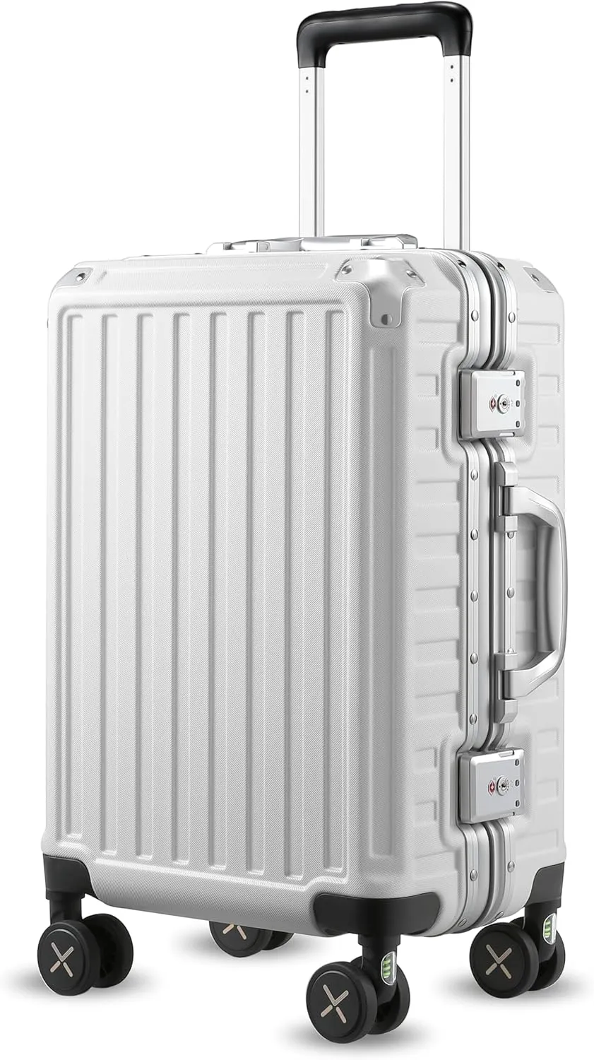 LUGGEX Aluminum Frame Luggage with Spinner Wheels, Zipperless Polycarbonate Hard Shell Suitcase, Carry On 20 Inch, White