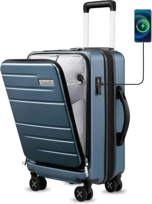 LUGGEX Carry On Luggage 22x14x9 Airline Approved, Polycarbonate Hard Suitcase with Front Pocket (Blue, 20 Inch, 35L)