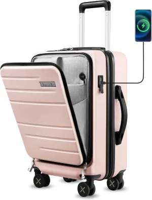 LUGGEX Carry On Luggage 22x14x9 Airline Approved - Polycarbonate Hard Suitcase with Front Pocket (Pink, 20 Inch, 30.9L)