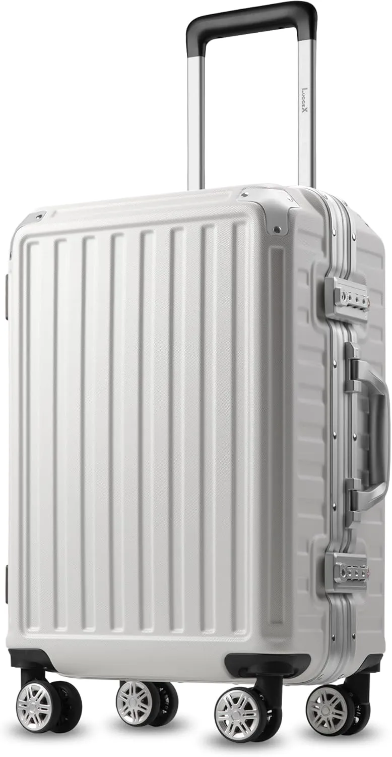 LUGGEX Zipperless Luggage with Spinner Wheels - Polycarbonate Aluminum Hard Shell Suitcase, Carry-On 20-Inch, White