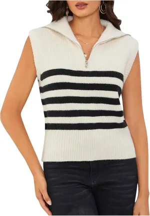 MakeMeChic Women's 2025 Sleeveless Sweater Vest Striped Zipper Front Collar Knitted Tank Tops