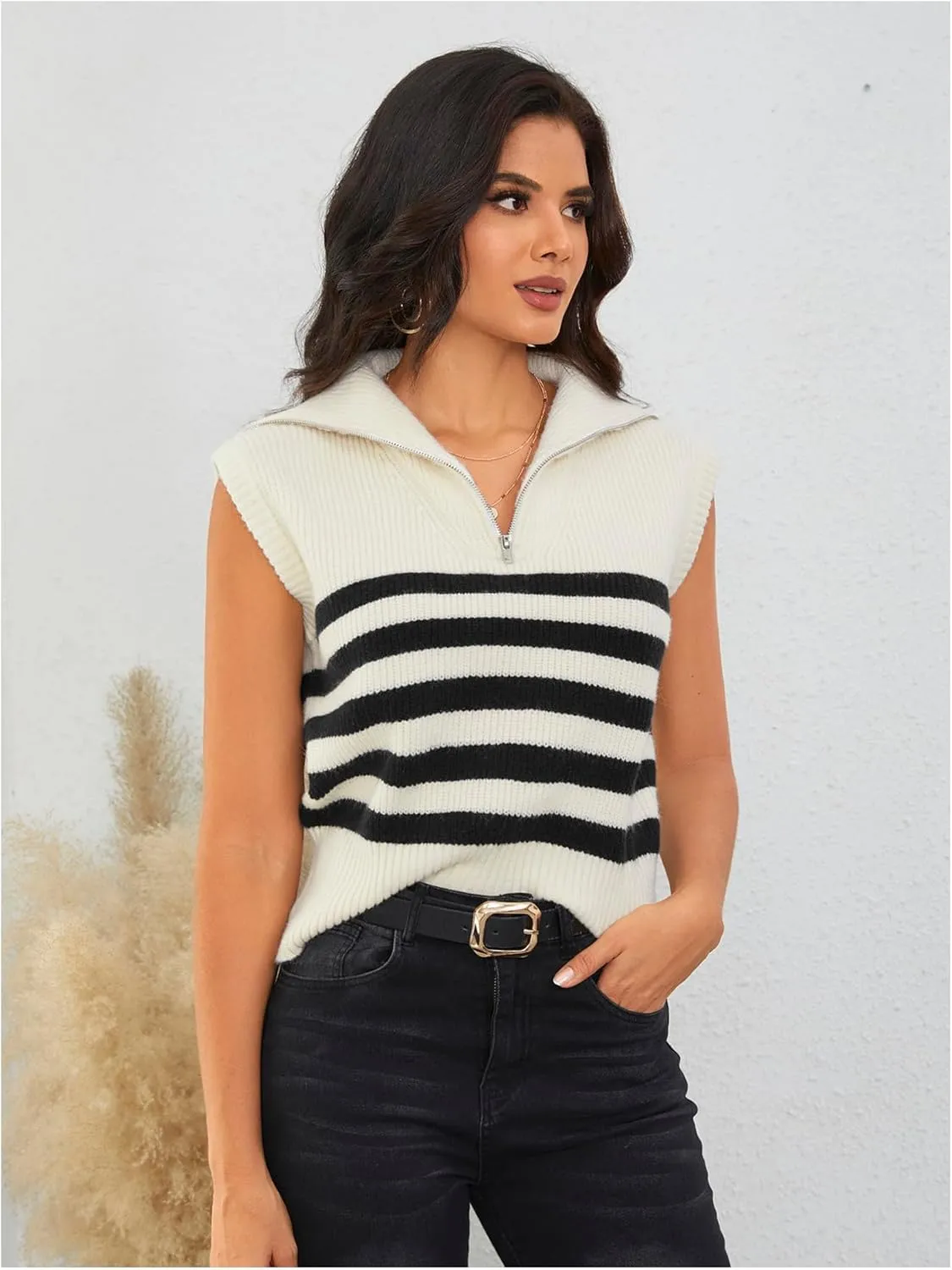 MakeMeChic Women's 2025 Sleeveless Sweater Vest Striped Zipper Front Collar Knitted Tank Tops
