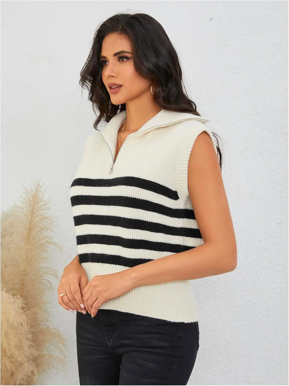 MakeMeChic Women's 2025 Sleeveless Sweater Vest Striped Zipper Front Collar Knitted Tank Tops