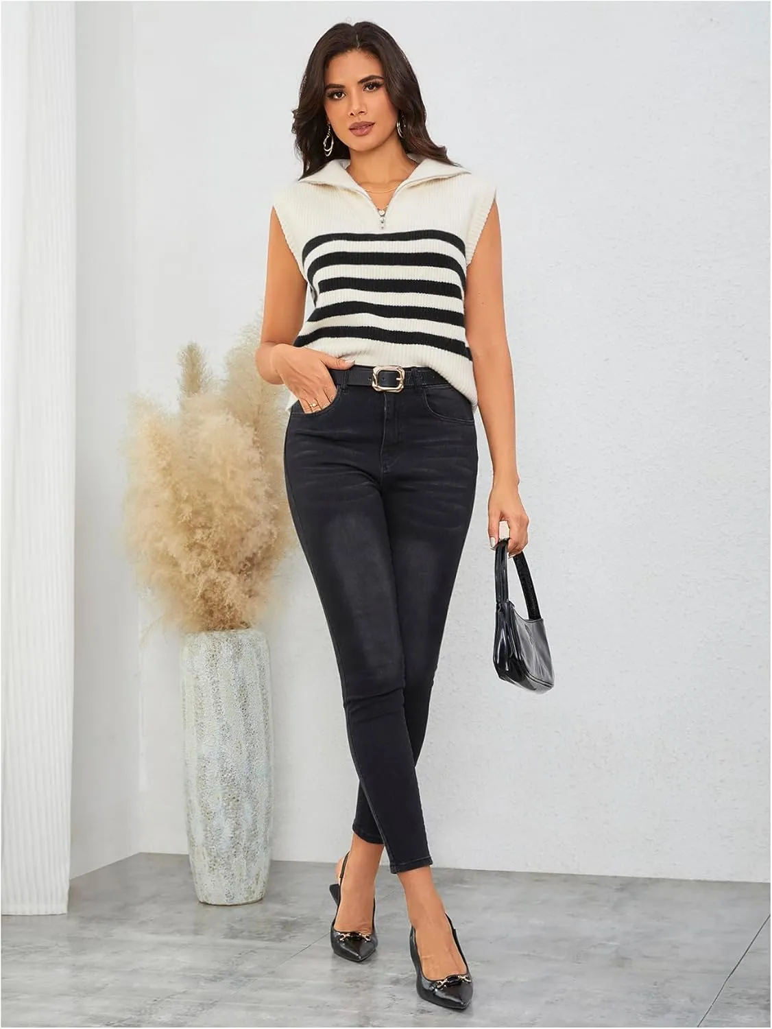 MakeMeChic Women's 2025 Sleeveless Sweater Vest Striped Zipper Front Collar Knitted Tank Tops