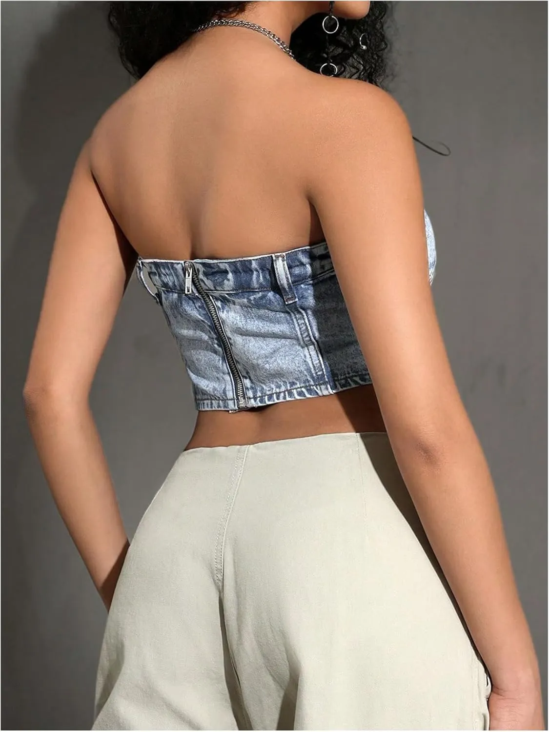 MakeMeChic Women's Denim Tube Crop Tops Strapless Backless Y2k Jean Jacket