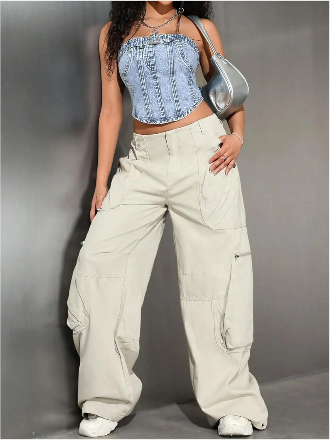 MakeMeChic Women's Denim Tube Crop Tops Strapless Backless Y2k Jean Jacket