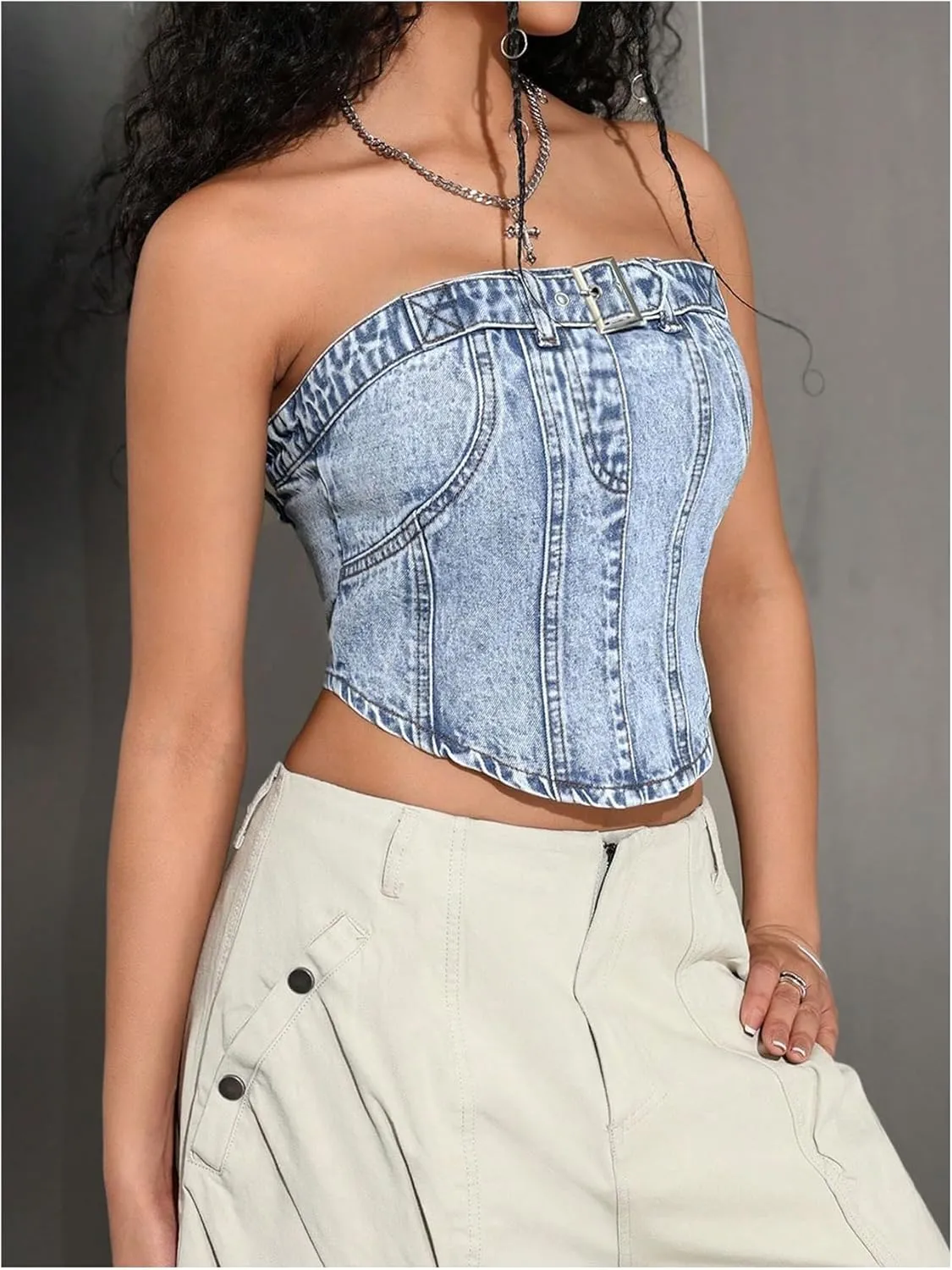 MakeMeChic Women's Denim Tube Crop Tops Strapless Backless Y2k Jean Jacket