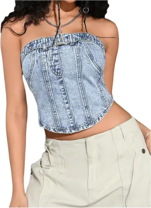 MakeMeChic Women's Denim Tube Crop Tops Strapless Backless Y2k Jean Jacket
