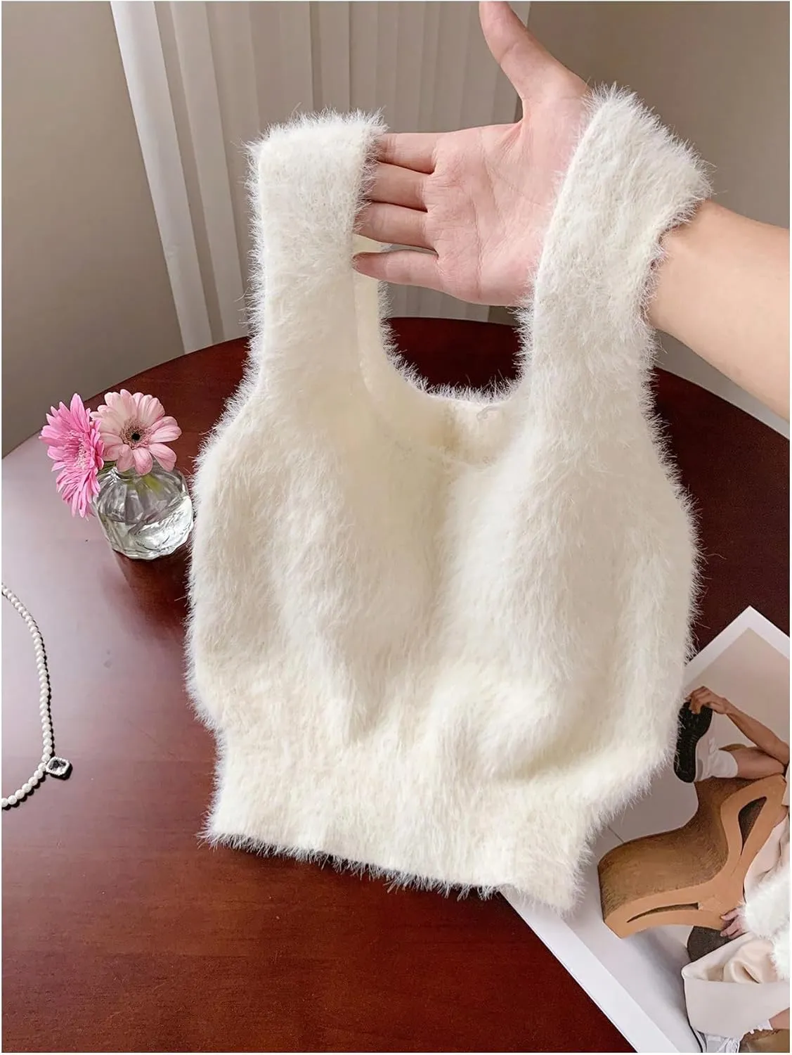 MakeMeChic Women's Faux Fur Wide Strap Fuzzy Sweater Vest Sleeveless Crop Tops