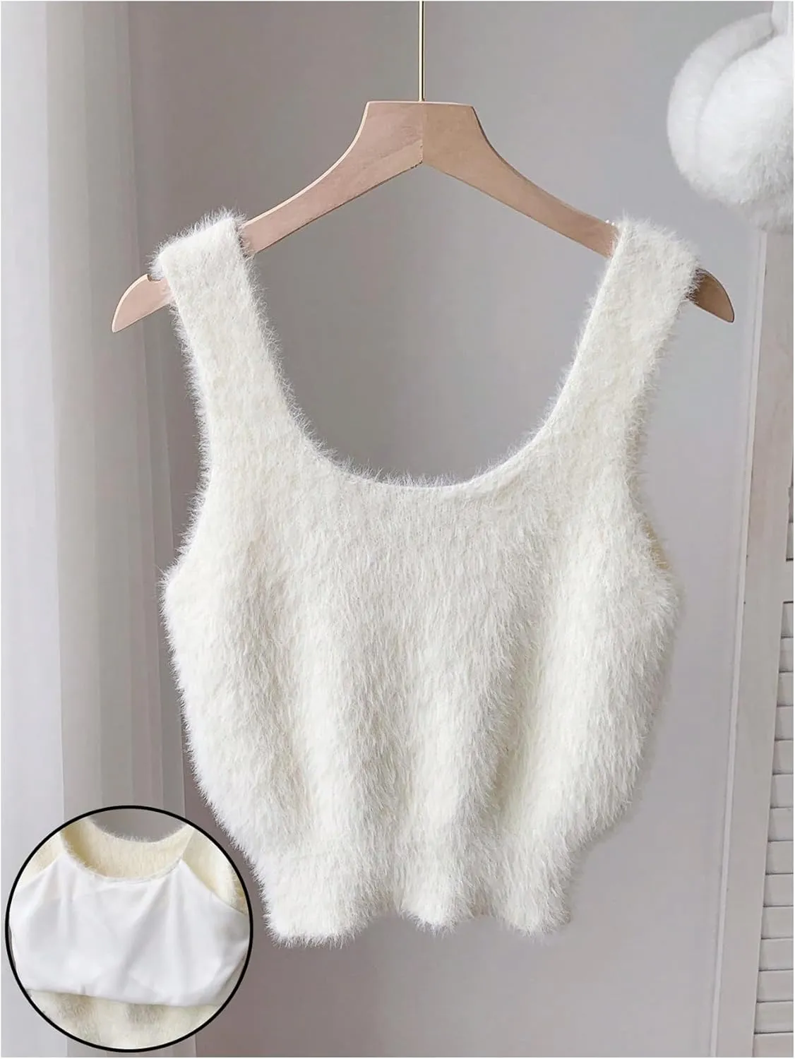 MakeMeChic Women's Faux Fur Wide Strap Fuzzy Sweater Vest Sleeveless Crop Tops