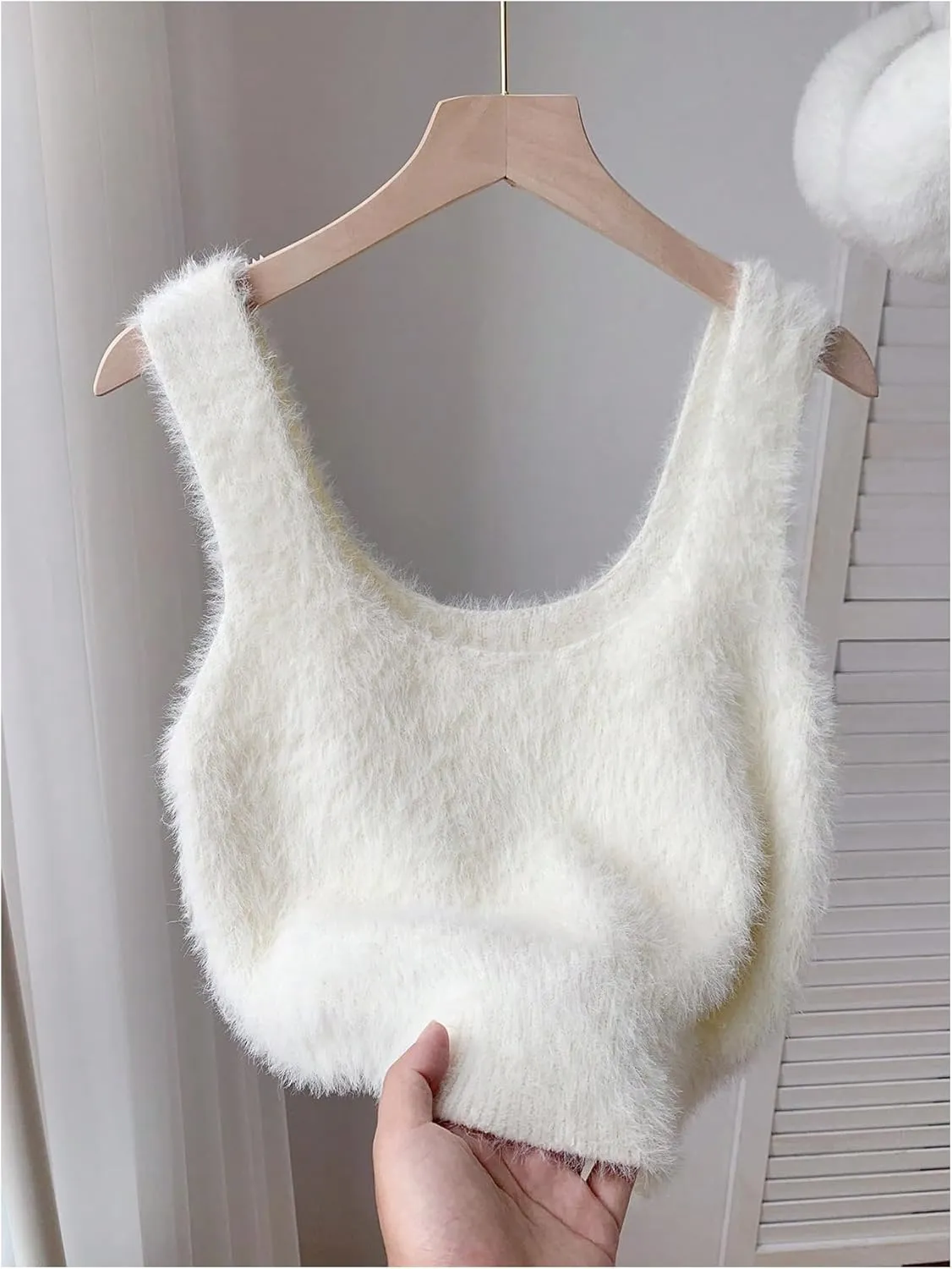 MakeMeChic Women's Faux Fur Wide Strap Fuzzy Sweater Vest Sleeveless Crop Tops