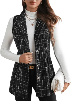 MakeMeChic Women's Plaid Lapel Sleeveless Vest Button Down Work Office Jacket Blazer