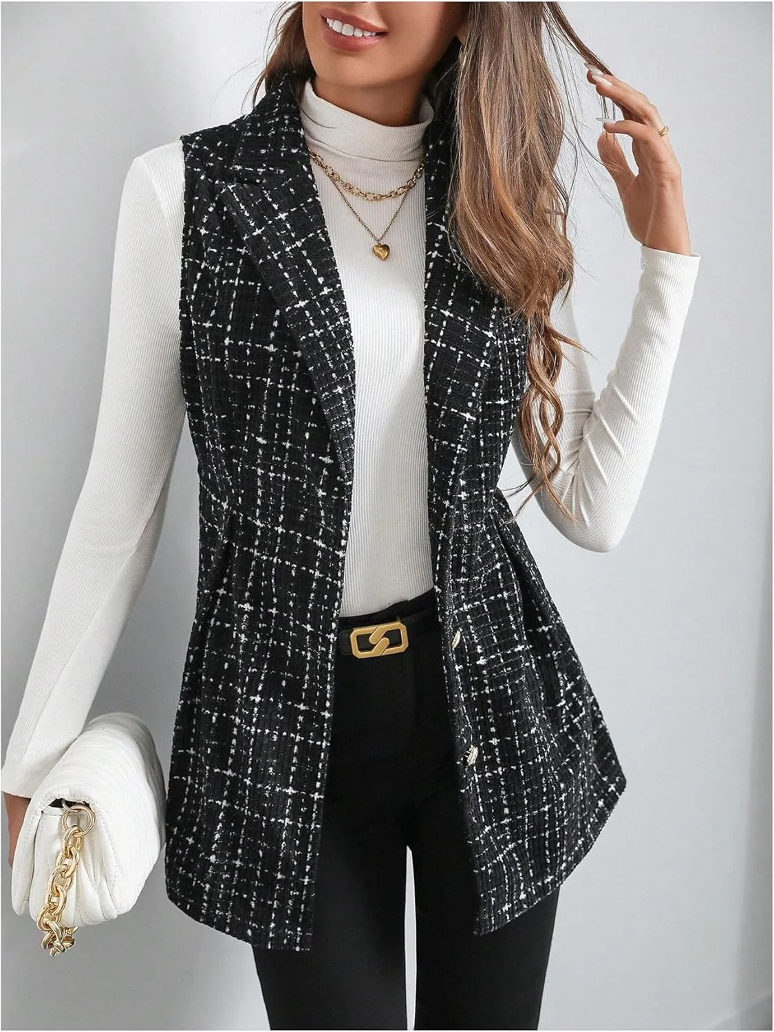 MakeMeChic Women's Plaid Lapel Sleeveless Vest Button Down Work Office Jacket Blazer