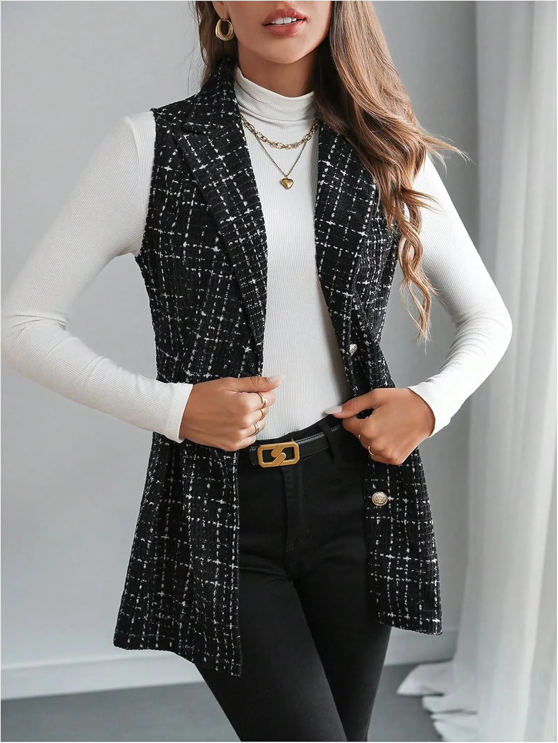 MakeMeChic Women's Plaid Lapel Sleeveless Vest Button Down Work Office Jacket Blazer
