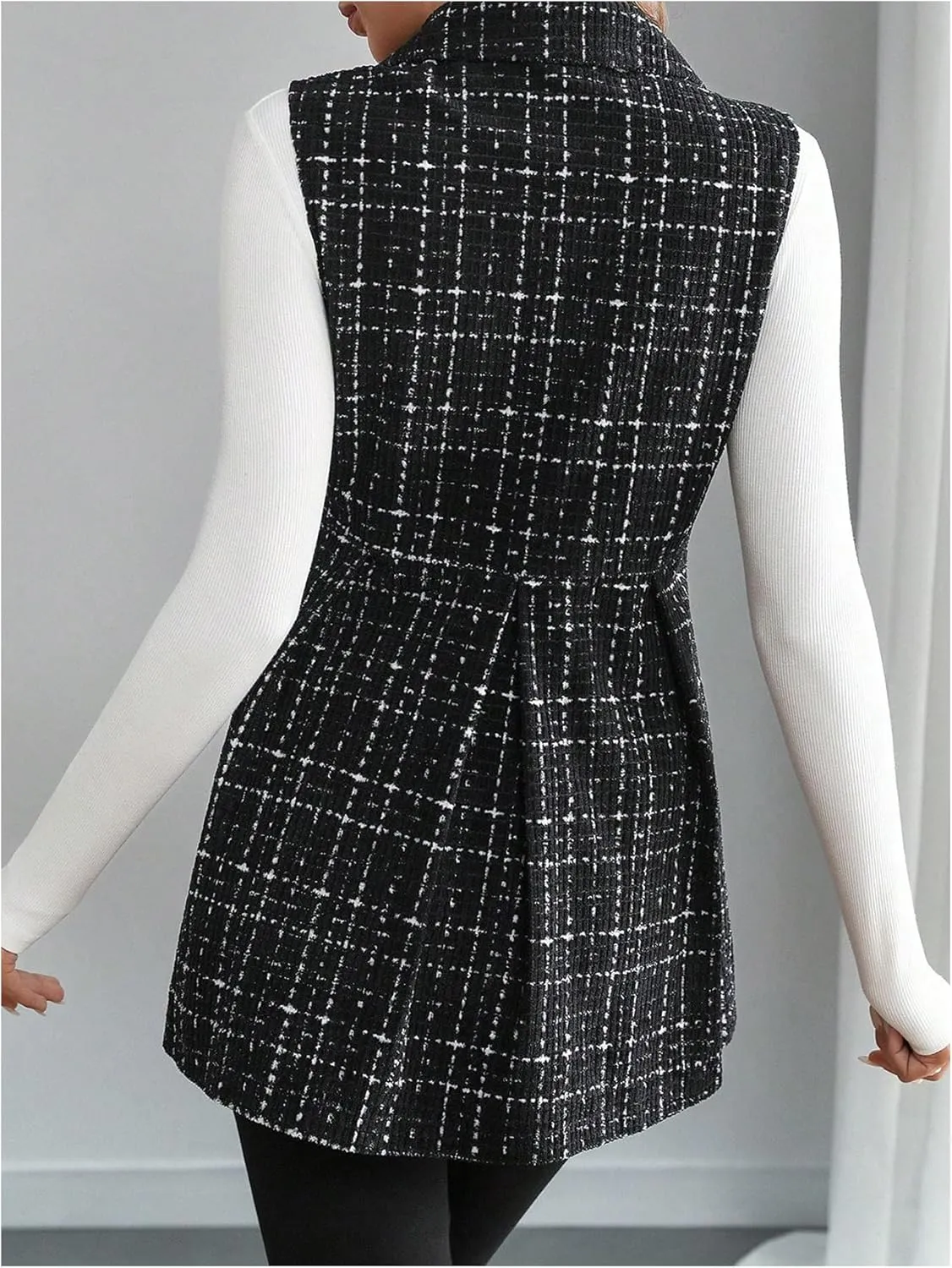 MakeMeChic Women's Plaid Lapel Sleeveless Vest Button Down Work Office Jacket Blazer
