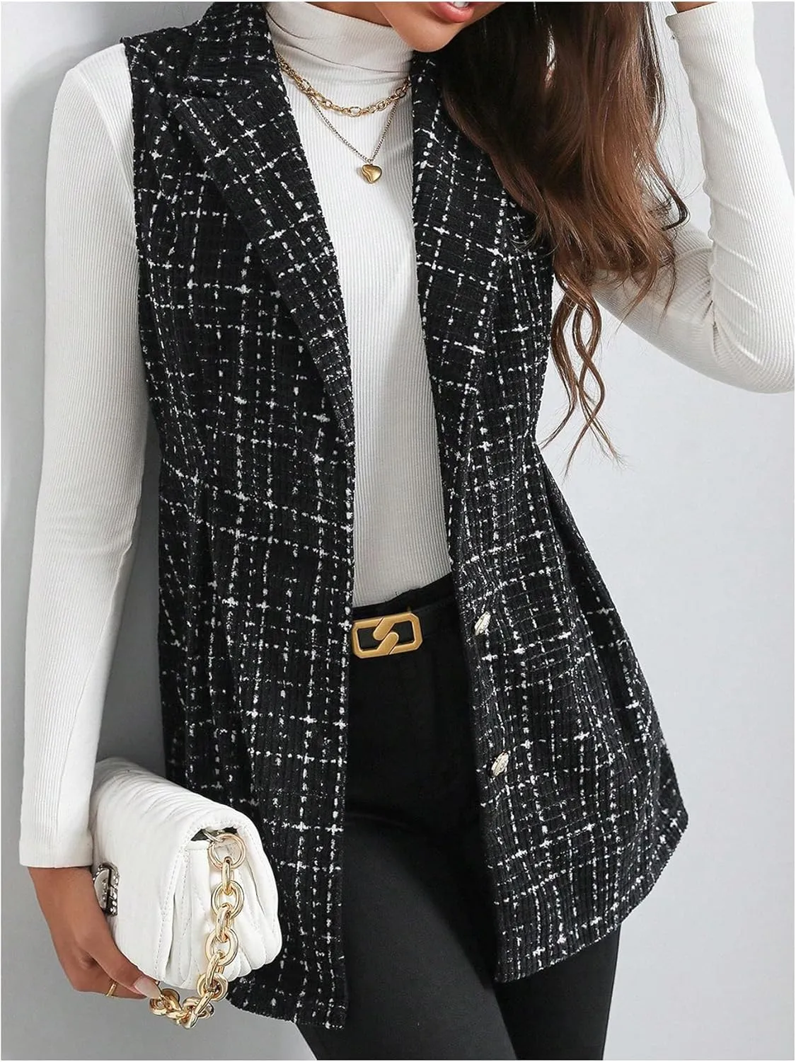 MakeMeChic Women's Plaid Lapel Sleeveless Vest Button Down Work Office Jacket Blazer