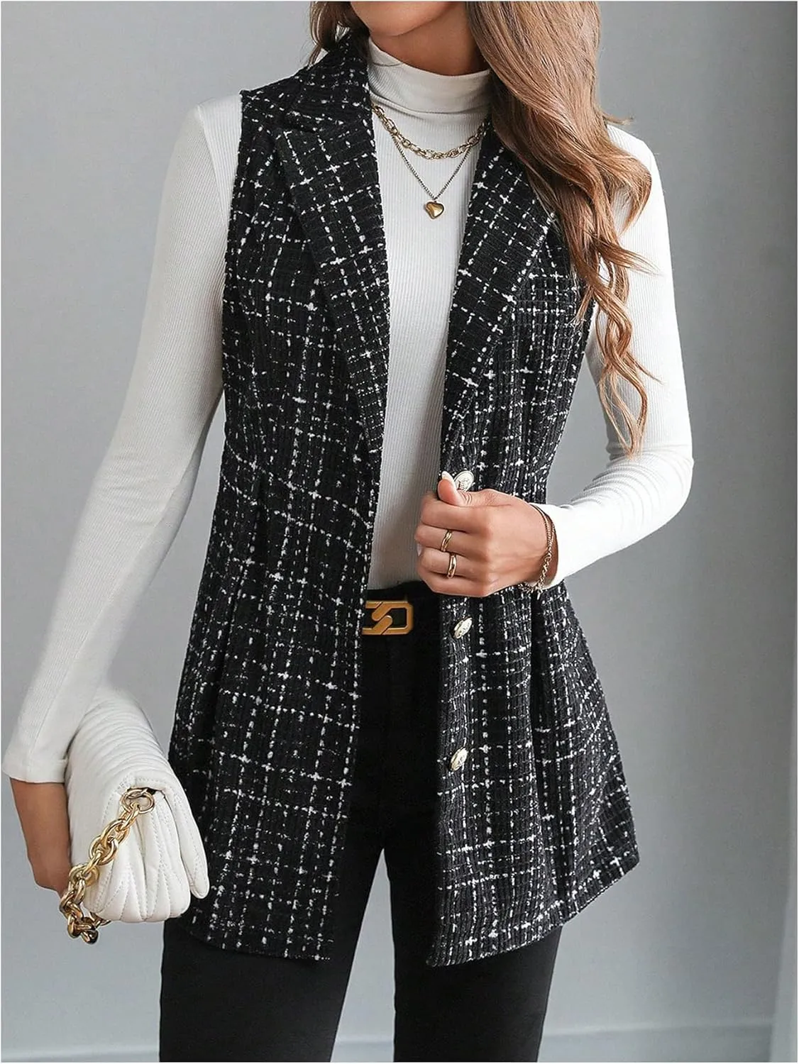 MakeMeChic Women's Plaid Lapel Sleeveless Vest Button Down Work Office Jacket Blazer