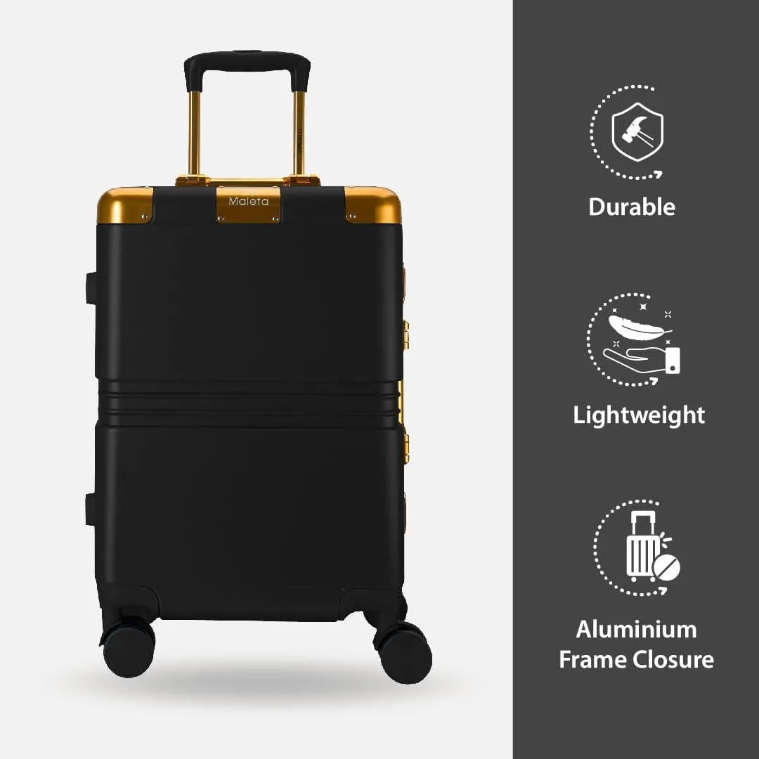 Maleta Gold Series Check-in 24 inch, Corner Protection Aluminium Frame Medium Size Trolley Bags for Luggage Suitcase for Travel (Black, Checkin-Medium)