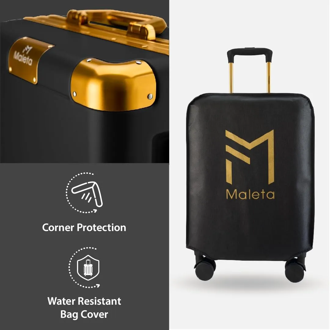 Maleta Gold Series Check-in 24 inch, Corner Protection Aluminium Frame Medium Size Trolley Bags for Luggage Suitcase for Travel (Black, Checkin-Medium)