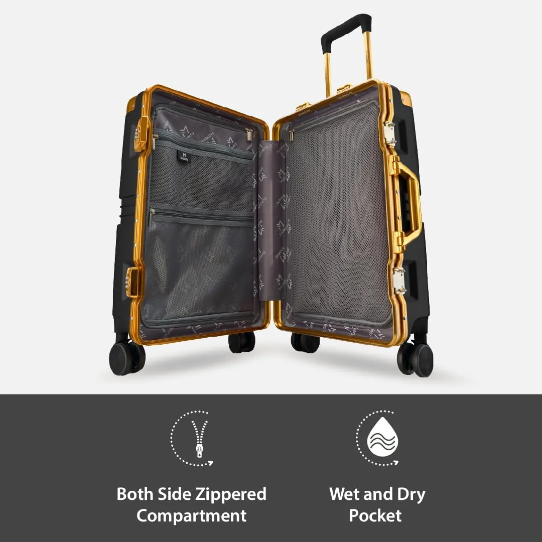 Maleta Gold Series Check-in 24 inch, Corner Protection Aluminium Frame Medium Size Trolley Bags for Luggage Suitcase for Travel (Black, Checkin-Medium)