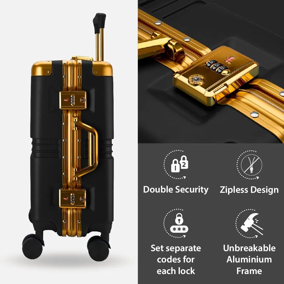 Maleta Gold Series Check-in 24 inch, Corner Protection Aluminium Frame Medium Size Trolley Bags for Luggage Suitcase for Travel (Black, Checkin-Medium)