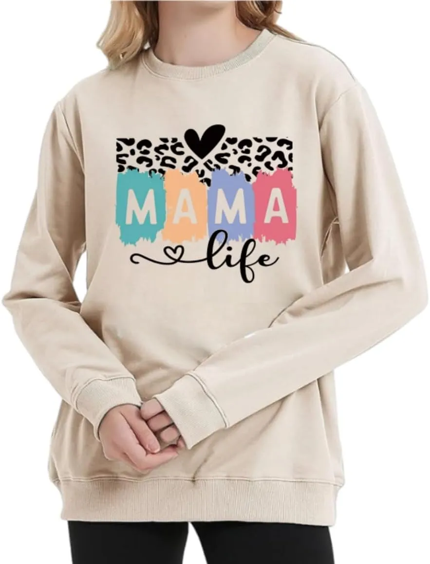Mama Sweatshirt Leopard Mama Letter Graphic Shirt Mom Sweatshirt Pullover Sweater for Women