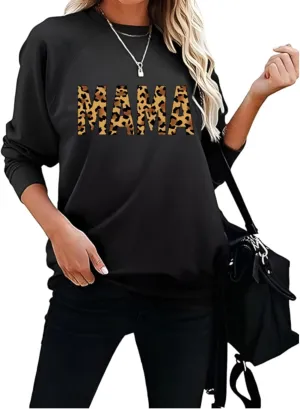 Mama Sweatshirt Leopard Mama Letter Graphic Shirt Mom Sweatshirt Pullover Sweater for Women