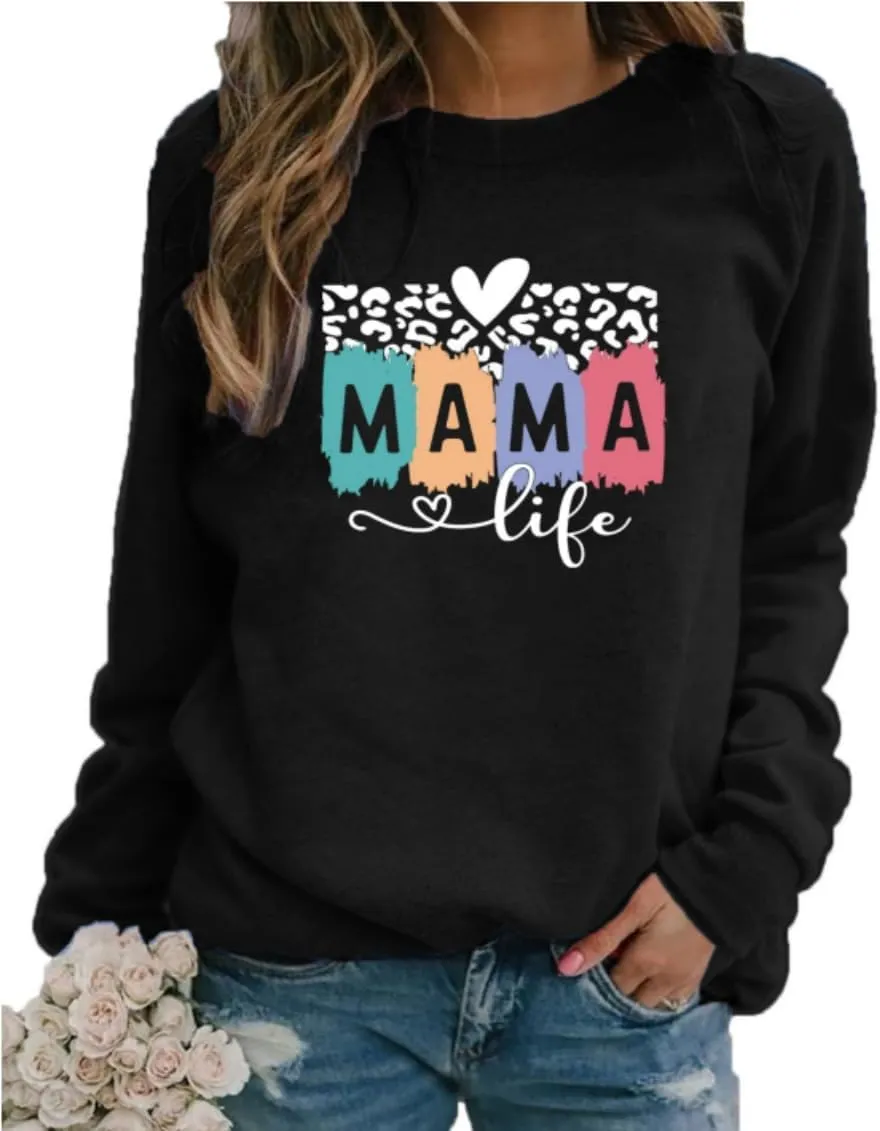 Mama Sweatshirt Leopard Mama Letter Graphic Shirt Mom Sweatshirt Pullover Sweater for Women