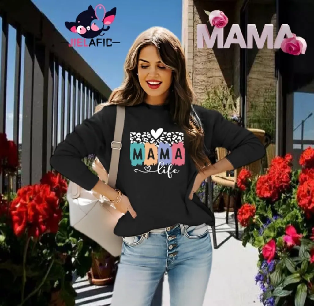 Mama Sweatshirt Leopard Mama Letter Graphic Shirt Mom Sweatshirt Pullover Sweater for Women