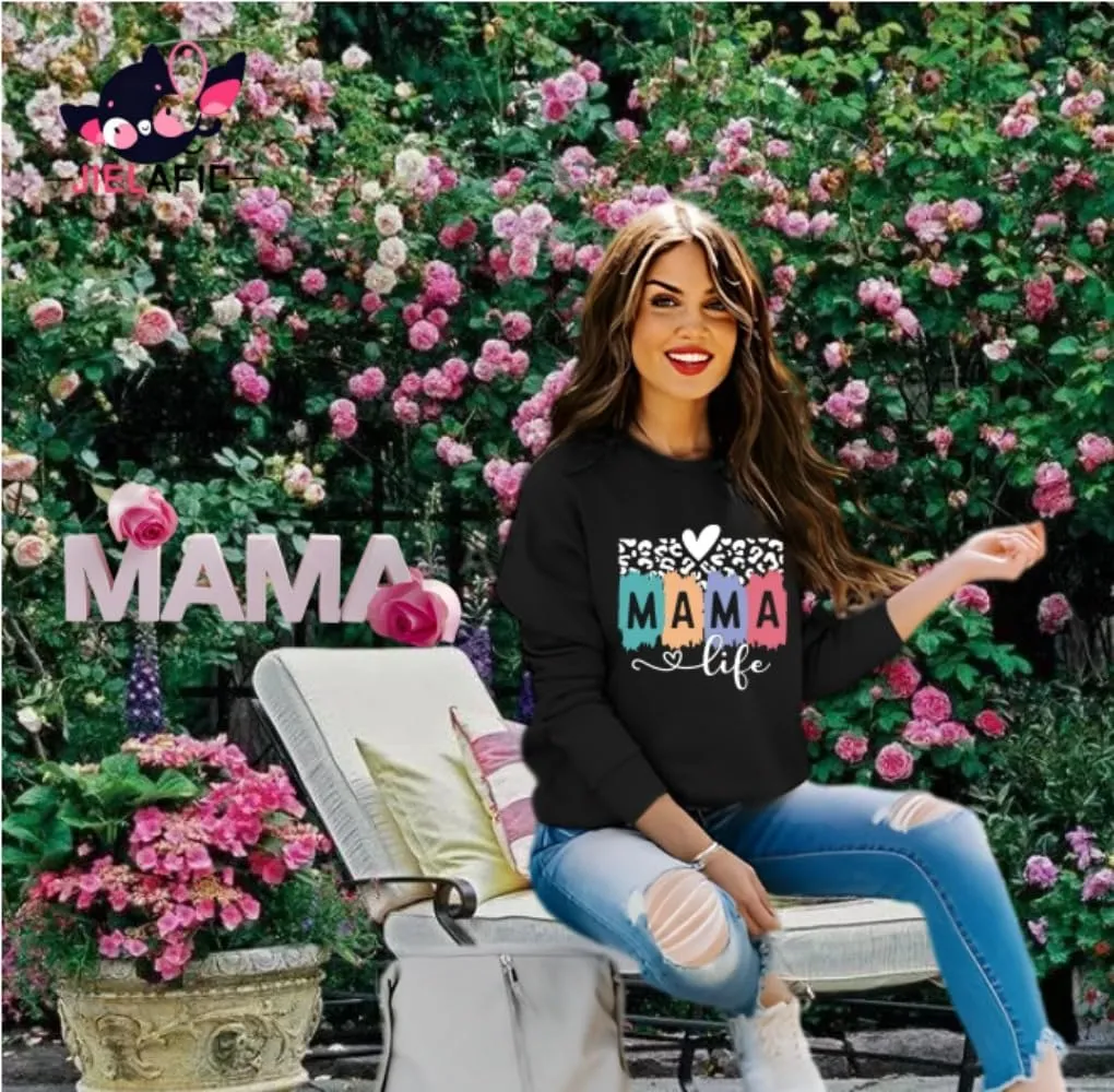 Mama Sweatshirt Leopard Mama Letter Graphic Shirt Mom Sweatshirt Pullover Sweater for Women