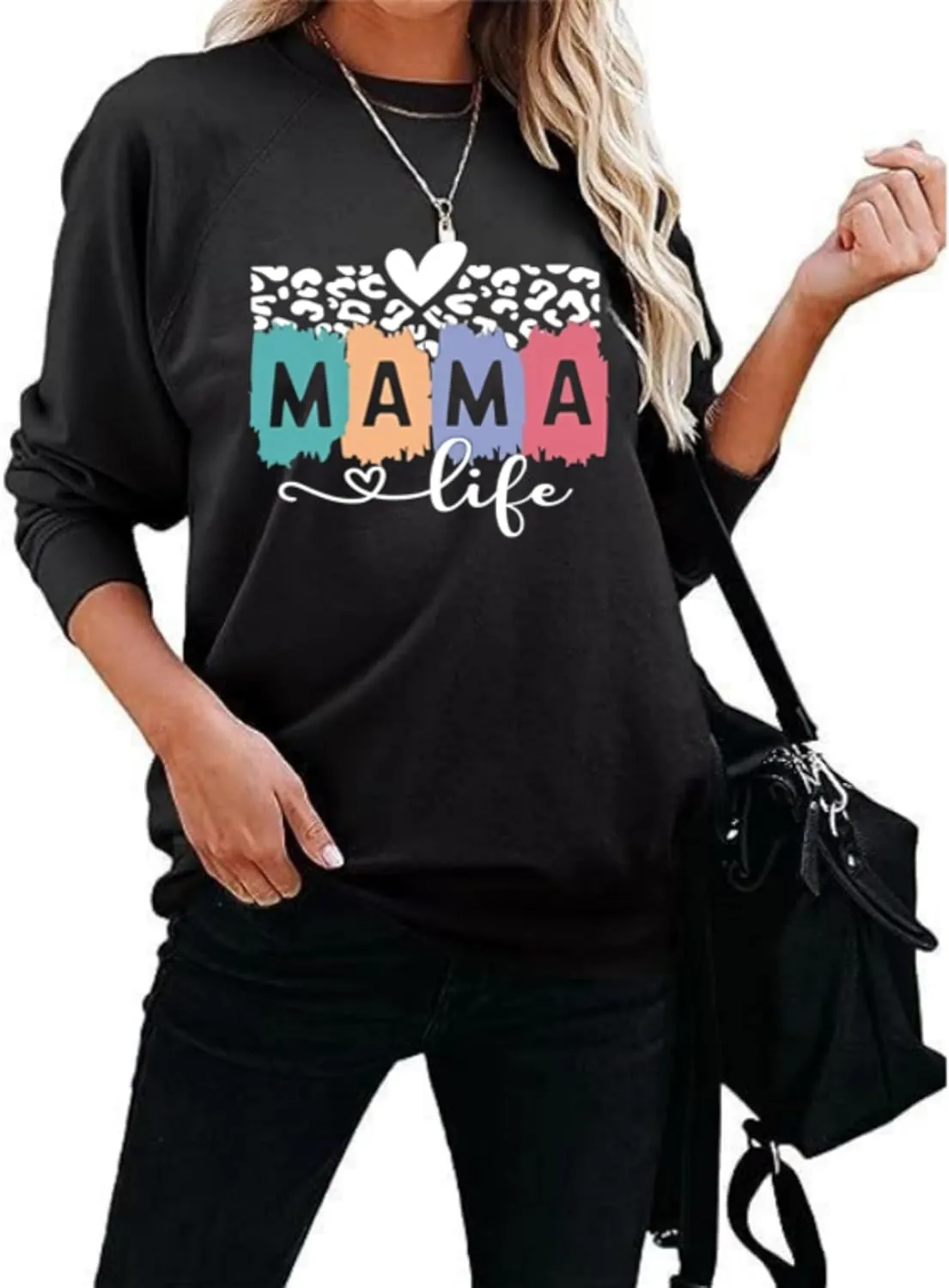 Mama Sweatshirt Leopard Mama Letter Graphic Shirt Mom Sweatshirt Pullover Sweater for Women