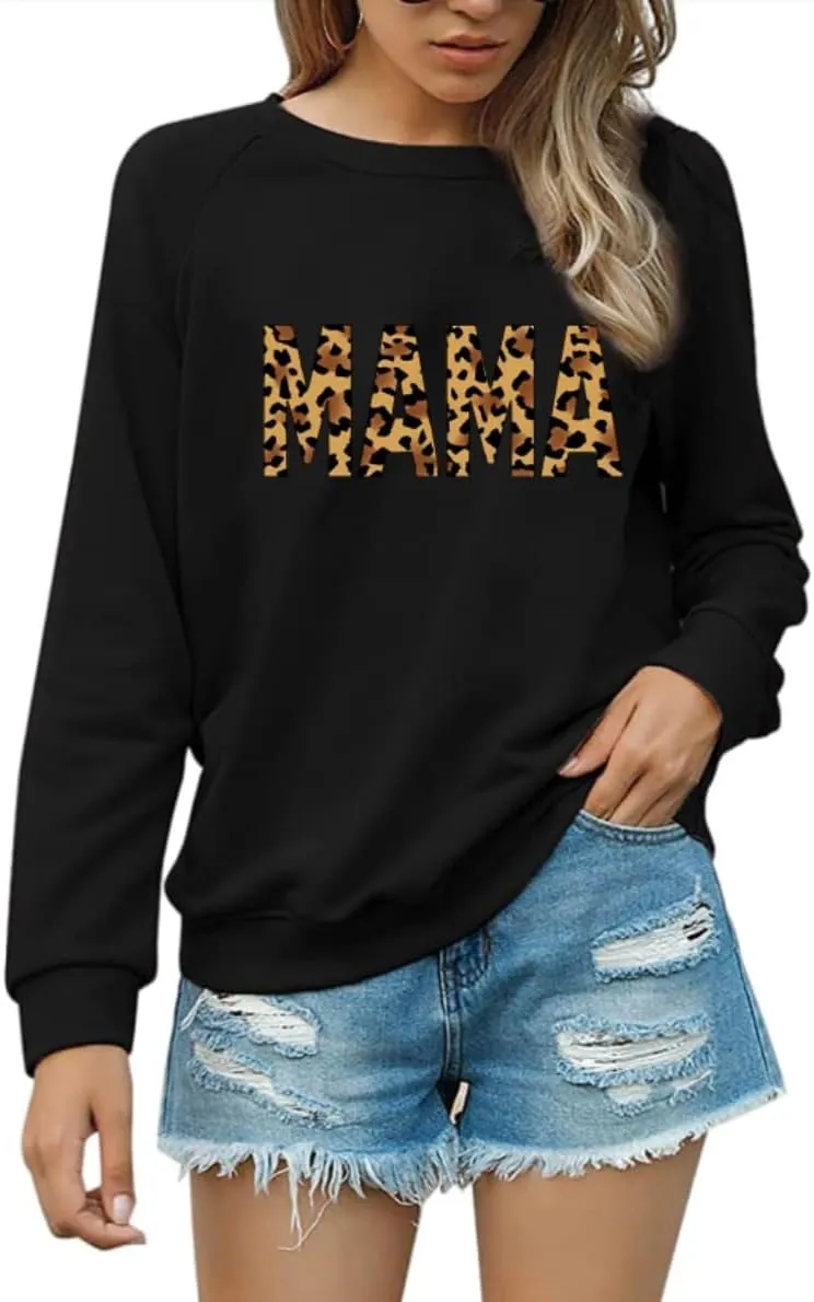 Mama Sweatshirt Leopard Mama Letter Graphic Shirt Mom Sweatshirt Pullover Sweater for Women