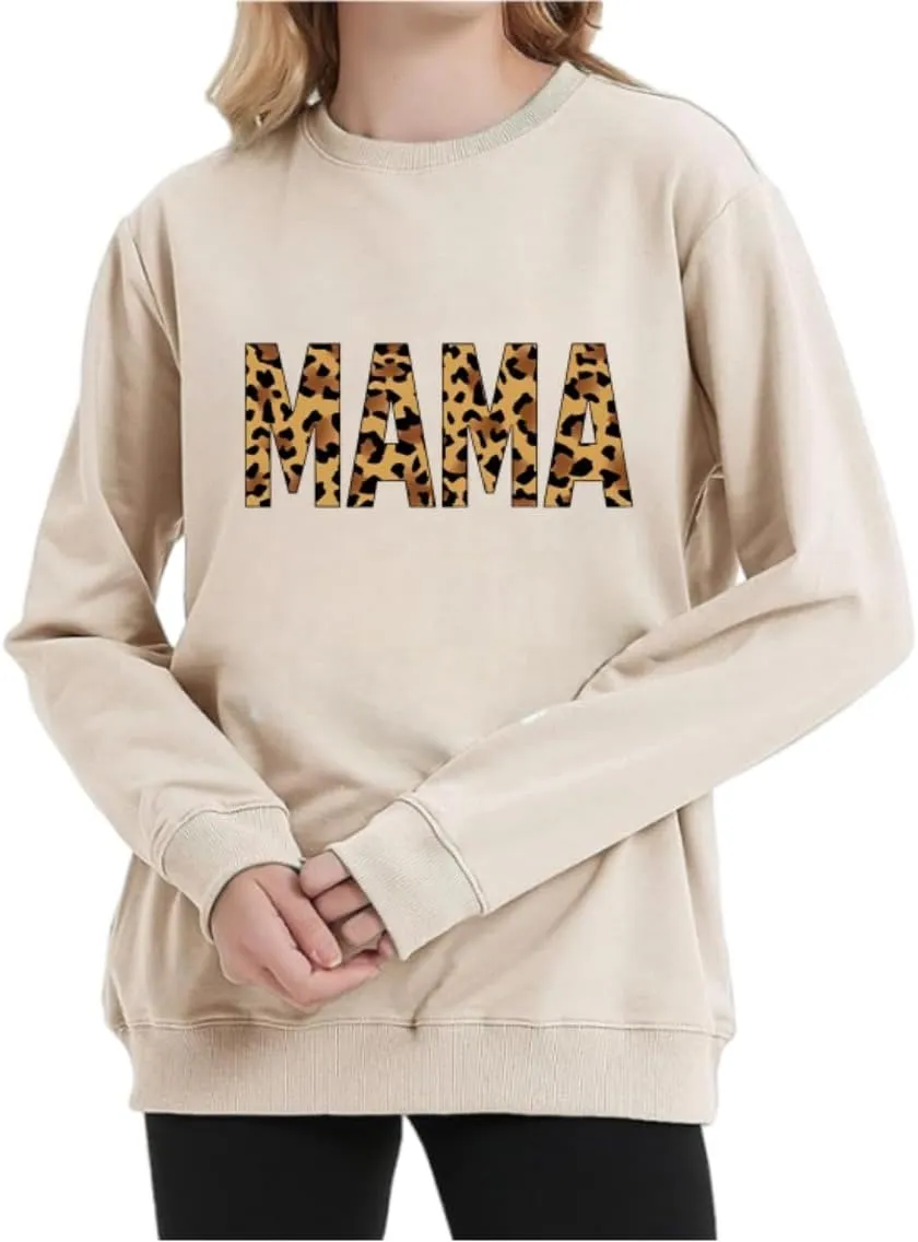 Mama Sweatshirt Leopard Mama Letter Graphic Shirt Mom Sweatshirt Pullover Sweater for Women