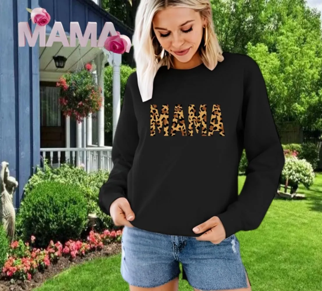 Mama Sweatshirt Leopard Mama Letter Graphic Shirt Mom Sweatshirt Pullover Sweater for Women