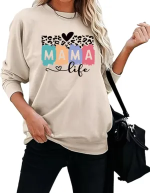 Mama Sweatshirt Leopard Mama Letter Graphic Shirt Mom Sweatshirt Pullover Sweater for Women