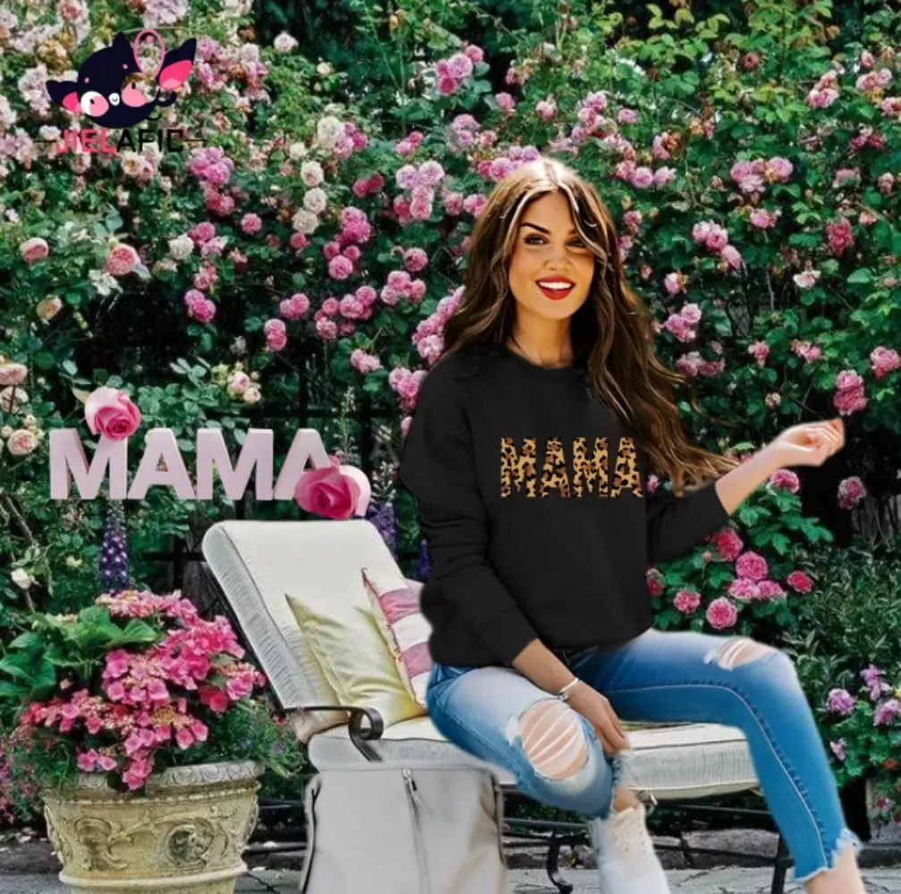 Mama Sweatshirt Leopard Mama Letter Graphic Shirt Mom Sweatshirt Pullover Sweater for Women