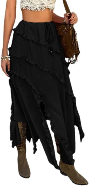 Melliflo Womens Asymmetrical Ruffle Maxi Skirt Summer Drawstring Waist Sexy Side Slit Casual Loose Long Skirt