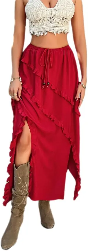 Melliflo Womens Asymmetrical Ruffle Maxi Skirt Summer Drawstring Waist Sexy Side Slit Casual Loose Long Skirt