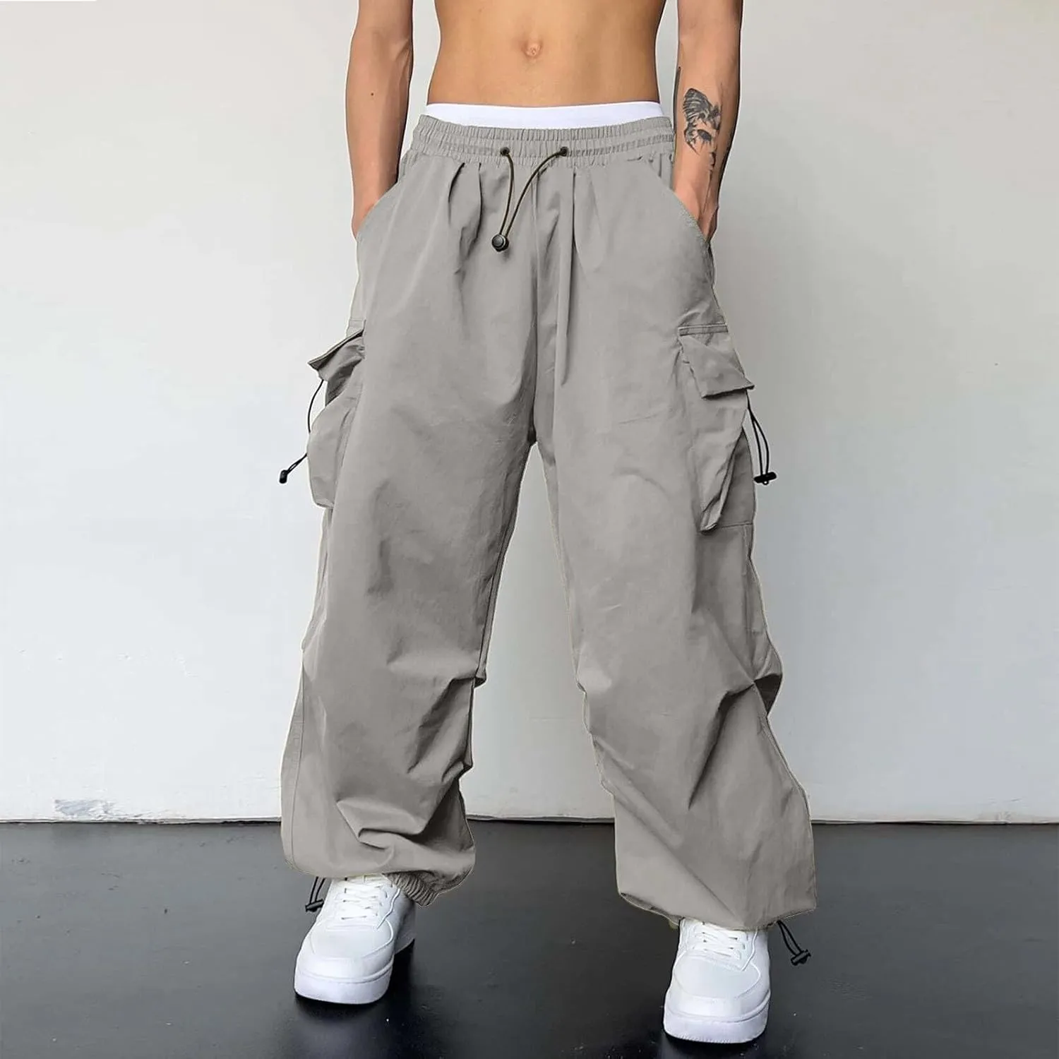 Men's Baggy Cargo Pants Casual Parachute Cargo Pants Stretch Loose Fit Joggers Multi Pockets